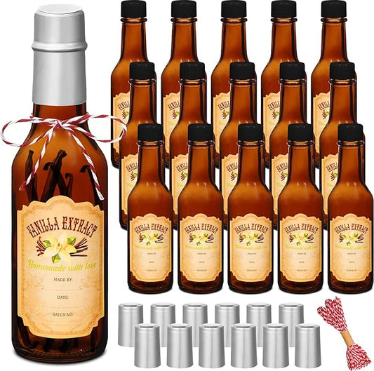 Tioncy 16 Pcs Vanilla Extract Bottles for Homemade Vanilla Jar Glass Bottle with Cap, Shrink Band
