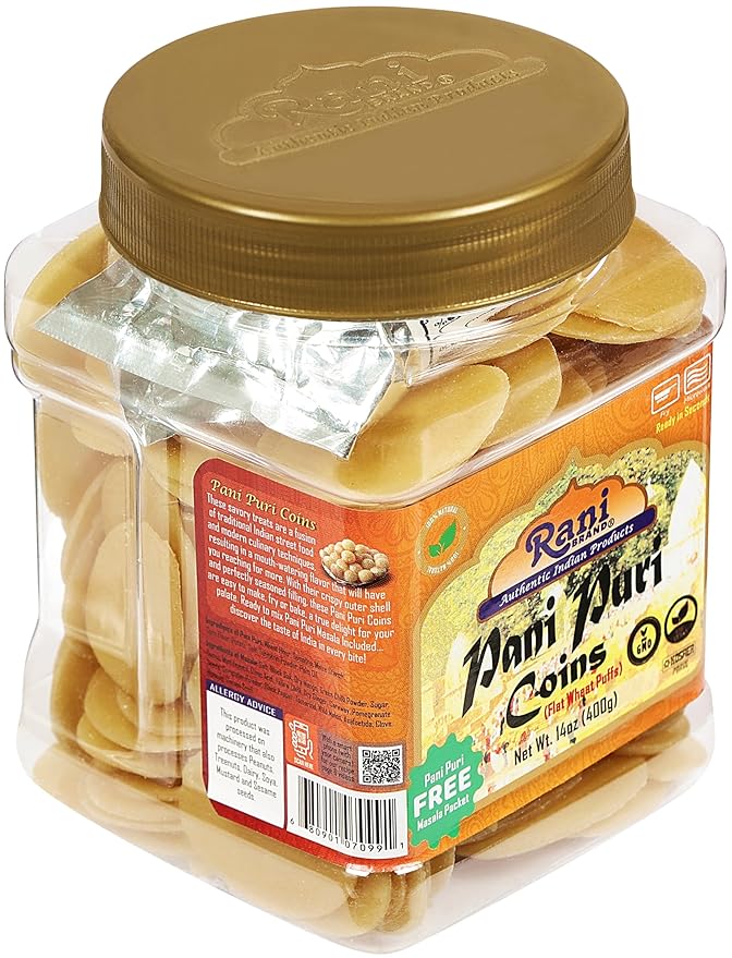 Rani Pani Puri Coins (Uncooked, Microwaveable Wheat Semolina Coins) 14oz (400g) w/Pani Puri Masala