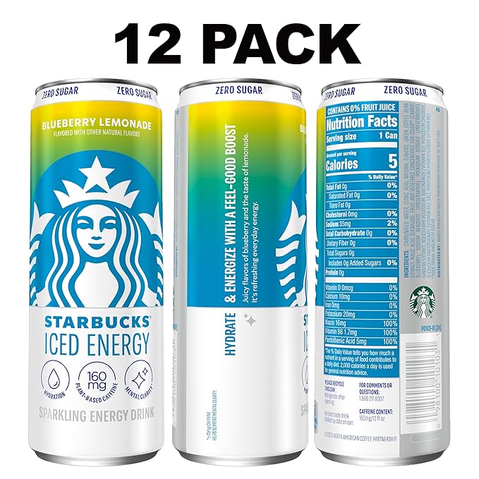 Starbucks Iced Energy Drink, Blueberry Lemonade, Zero Sugar Energy Drink, Plant Based Caffeine