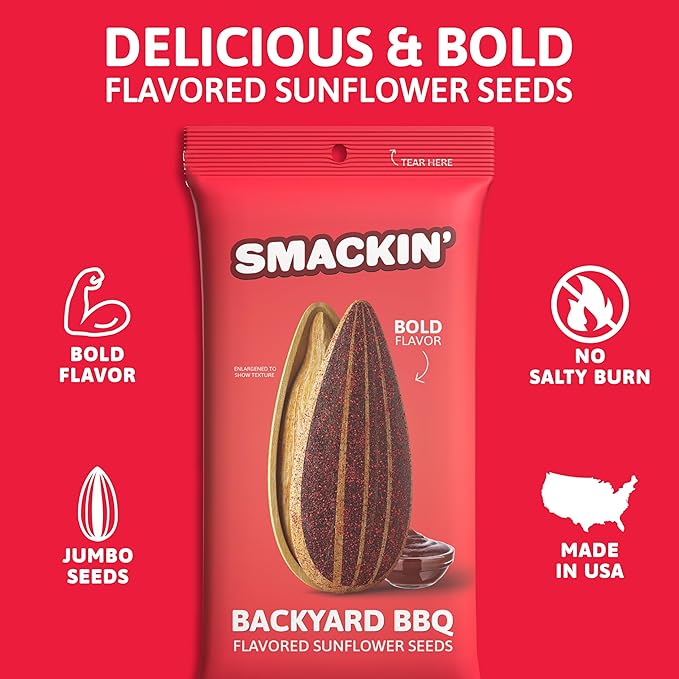 SMACKIN' Sunflower Seeds, Roasted Jumbo Small-Batch, American Made - Backyard BBQ. 1.5oz bags (6