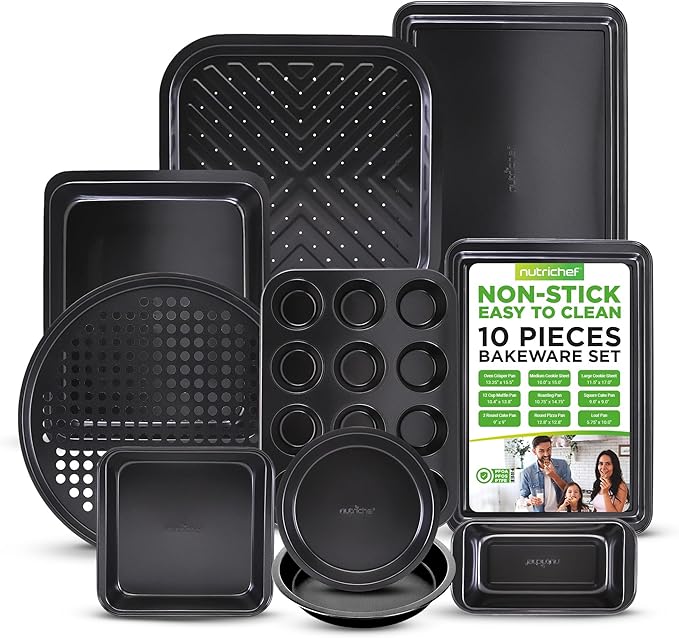 NutriChef 10-Piece Non-Stick Baking Set – Heavy-Duty Carbon Steel Bakeware Set w/ Cookie Sheets