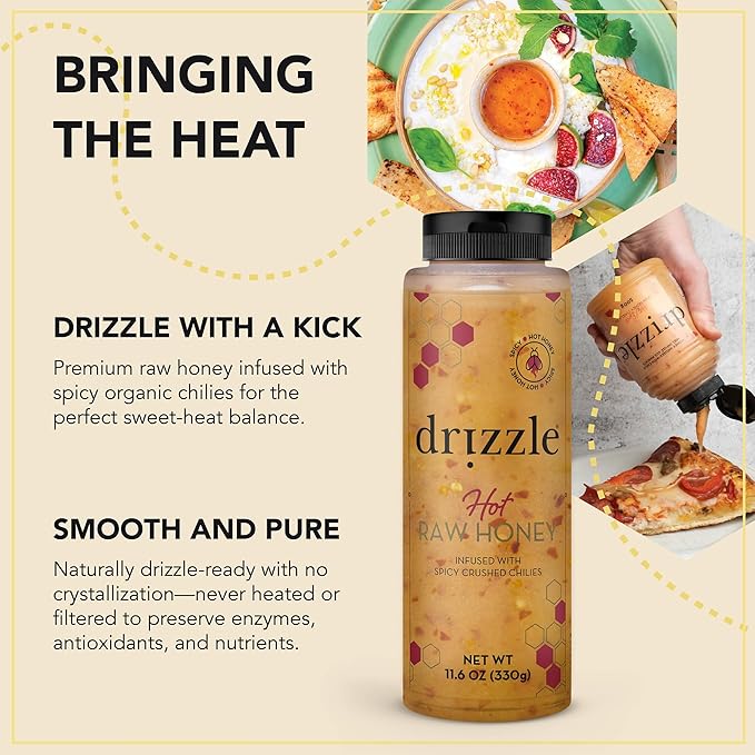 Drizzle Hot Honey - All Natural Raw Spicy Honey Sauce, Infused with Organic Chilies, Unfiltered &