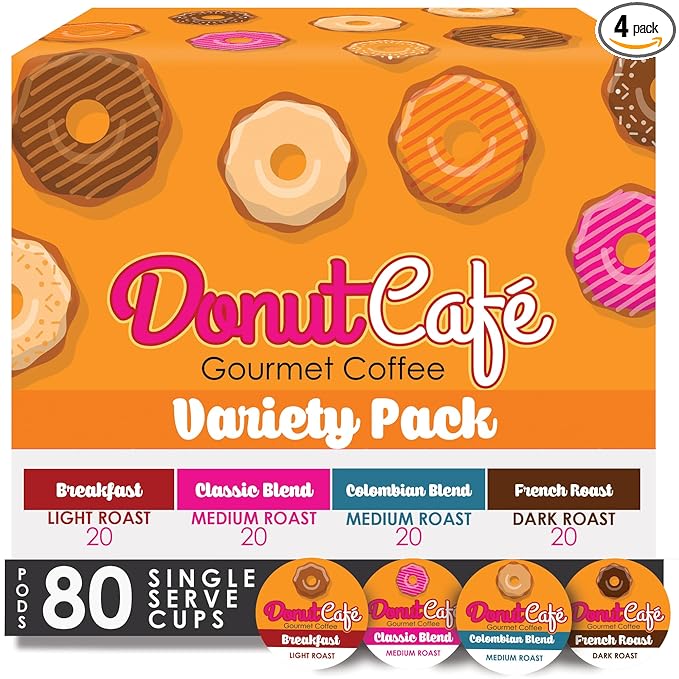 Donut Café Single Serve Coffee Pods for Keurig K Cup Brewers, Light Medium and Dark French Roast
