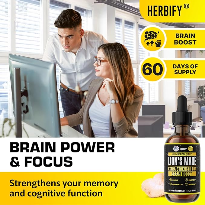 HERBIFY Lions Mane Supplement - Daily Mushroom Supplement for Memory, Focus & Clarity - Brain