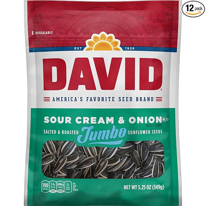 DAVID SEEDS Sour Cream & Onion Jumbo Sunflower Seeds, Keto Friendly, 5.25-oz. Resealable Bag (Pack