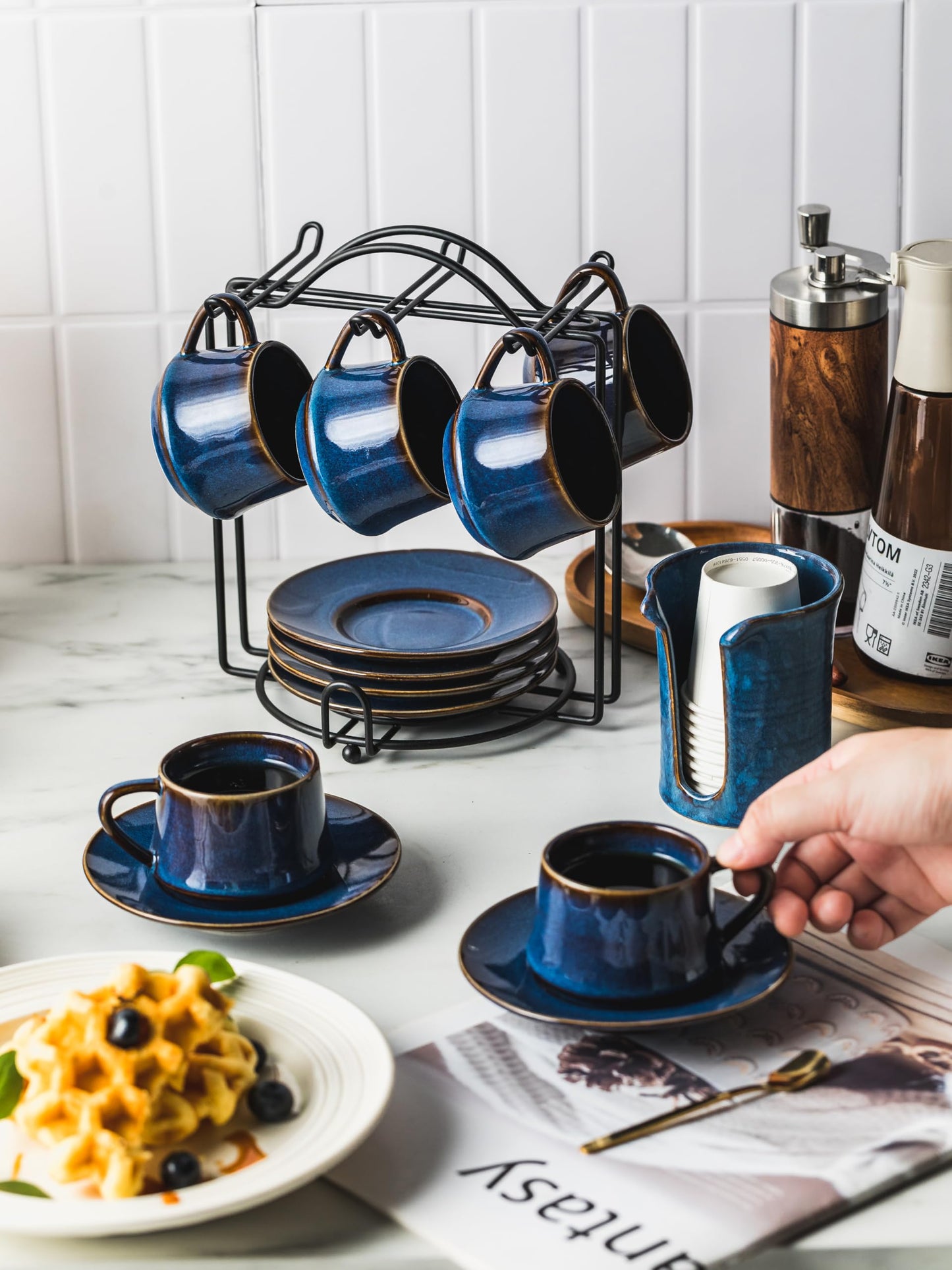 YHOSSEUN Espresso Cups Set of 6, 4 OZ Expresso Shots Cup with Sacuer, Blue