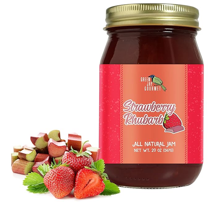 Green Jay Gourmet Strawberry Rhubarb Jam - All-Natural Fruit Jam with Strawberries, Rhubarb & Lemon