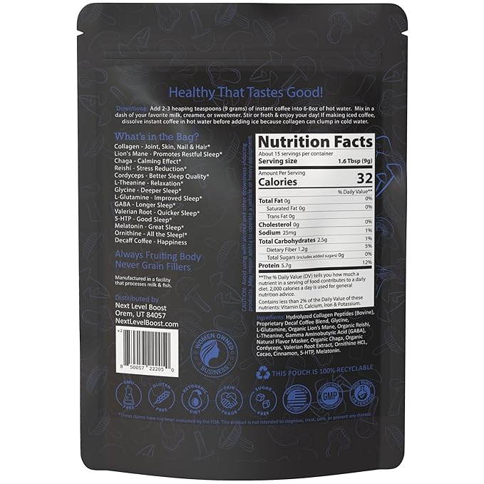 Sleep Boost Organic Mushroom Instant Coffee - 135g, 15 Servings Pouch - Healthy Coffee alternative
