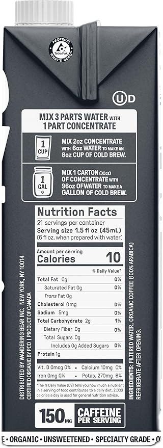 Wandering Bear Organic Unsweetened Extra Strong Cold Brew in a Box Coffee, Shelf-Stable, 21