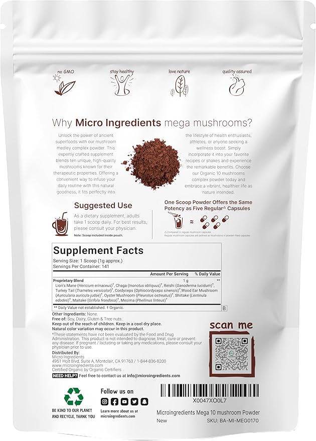 Micro Ingredients Organic Mushroom 10-in-1 Blend, 5 oz | Chaga, Lion’s Mane, Cordyceps & More |