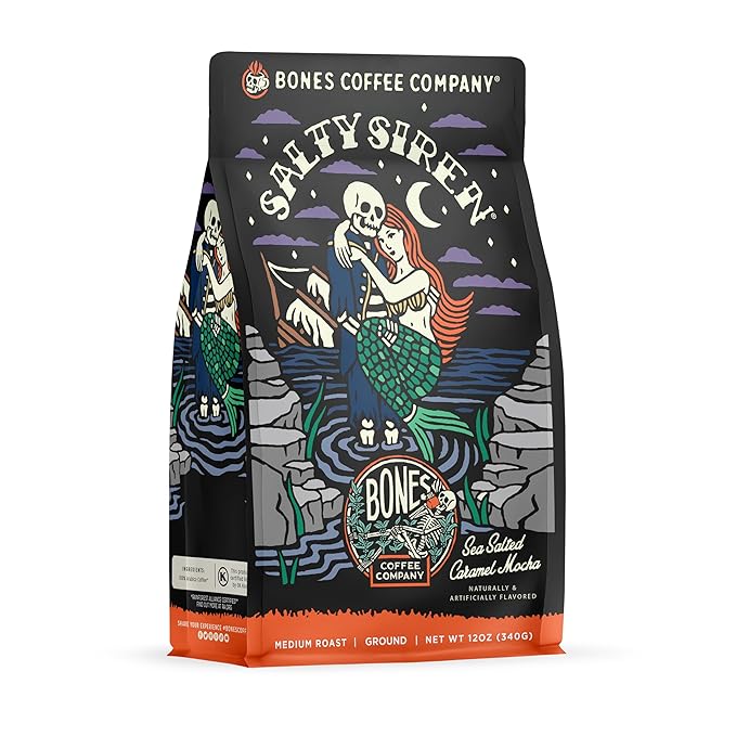 Bones Coffee Company Salty Siren, Sea Salted Caramel Chocolate Flavored Coffee, Medium Roast Low