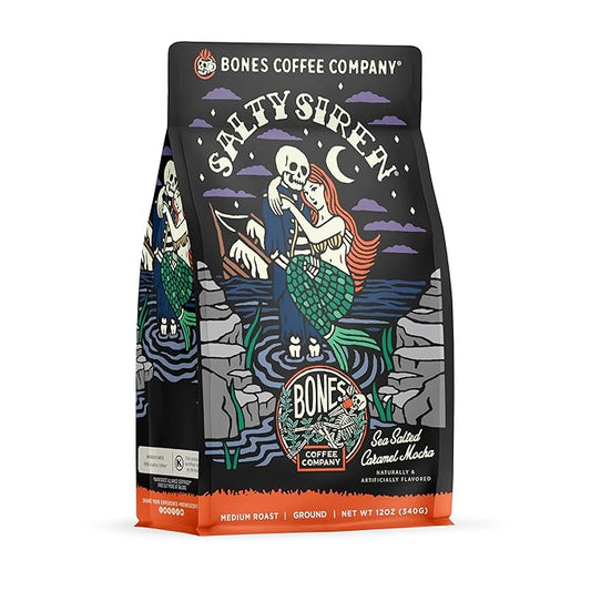 Bones Coffee Company Salty Siren, Sea Salted Caramel Chocolate Flavored Coffee, Medium Roast Low