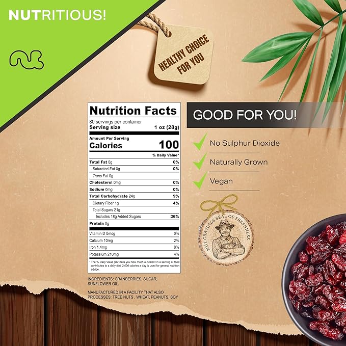 NUT CRAVINGS - Sun Dried Whole Cranberries, Lightly Sweetened, Unsulphured (80oz, 5 LB) Bulk Dry