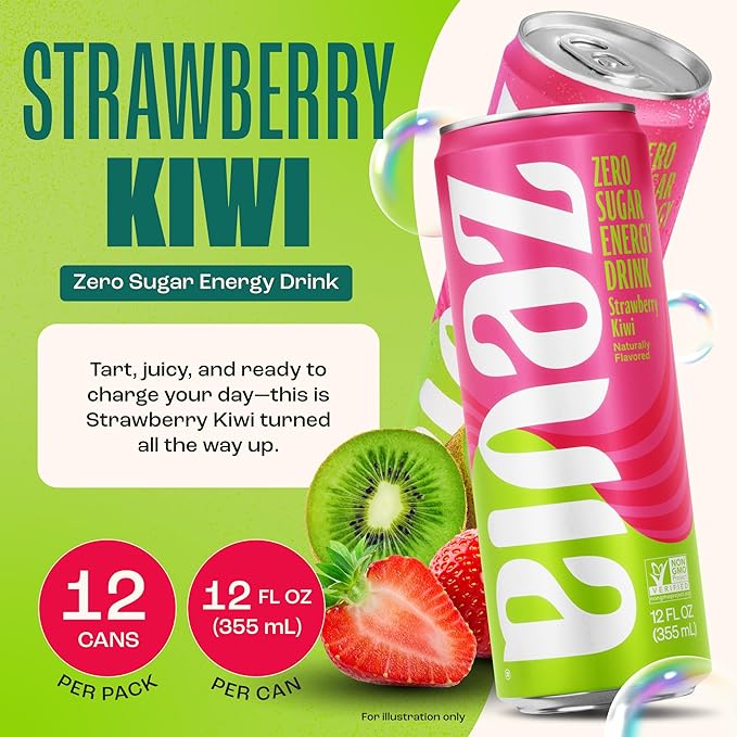 Zevia Zero Sugar Energy Drink, Strawberry Kiwi, 12 oz Cans (12-Pack) – Naturally Sweetened, Zero