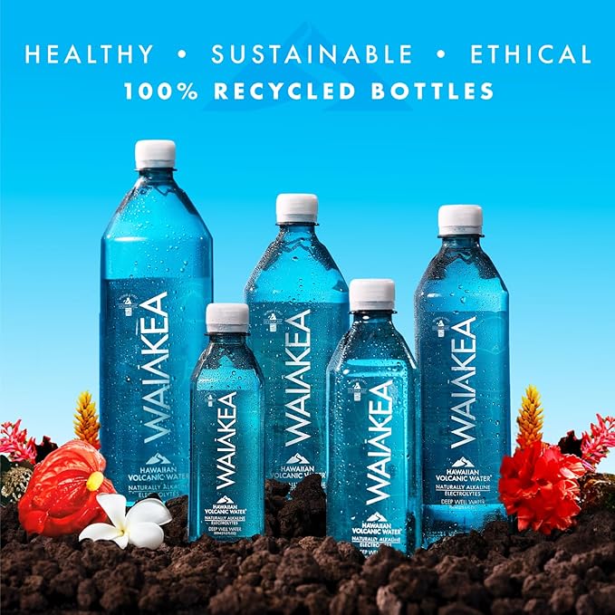 Waiakea Hawaiian Volcanic Water, Naturally Alkaline, 100% Recycled Bottle, 1L (Pack of 12), 33.8 Fl