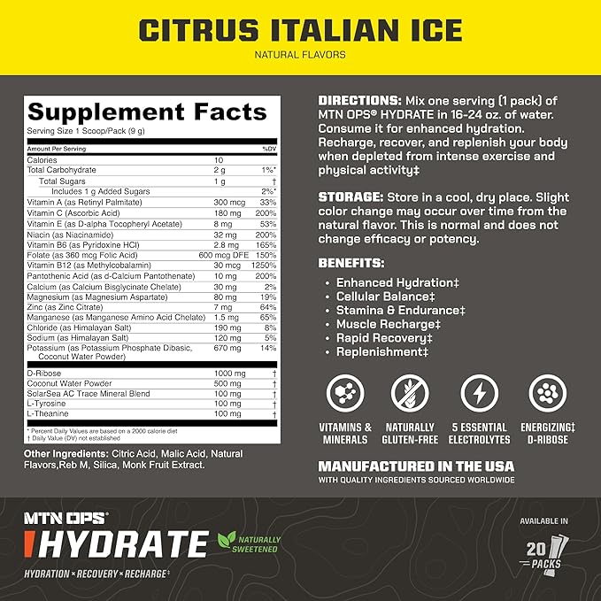 MTN OPS Hydrate Electrolytes Powder Drink Mix, Naturally Sweetened with Monk Fruit, Gluten Free 20