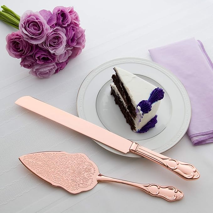 Ella Celebration Cake Knife & Server Set, Rose Gold Cake Cutting Sets for Wedding, Anniversary