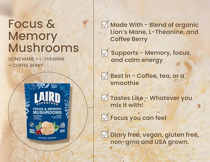 Laird Superfood Organic Focus and Memory Mushroom Blend with Lion?™s Mane, L-Theanine, and Coffee