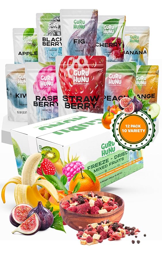 GURU HUNU Freeze Dried Fruit Mix 12 Individual Packs Healthy Fruit Snacks - Variety Pack Dehydrated