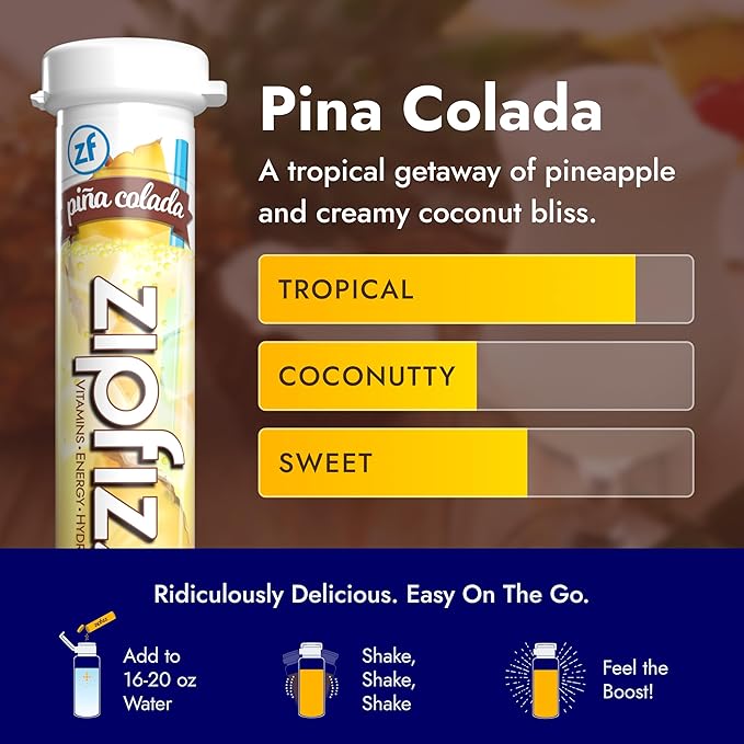 Zipfizz Daily Energy Drink Powder, Pina Colada, 20 Pack | 3-in-1 Sustained Energy, Rapid Hydration