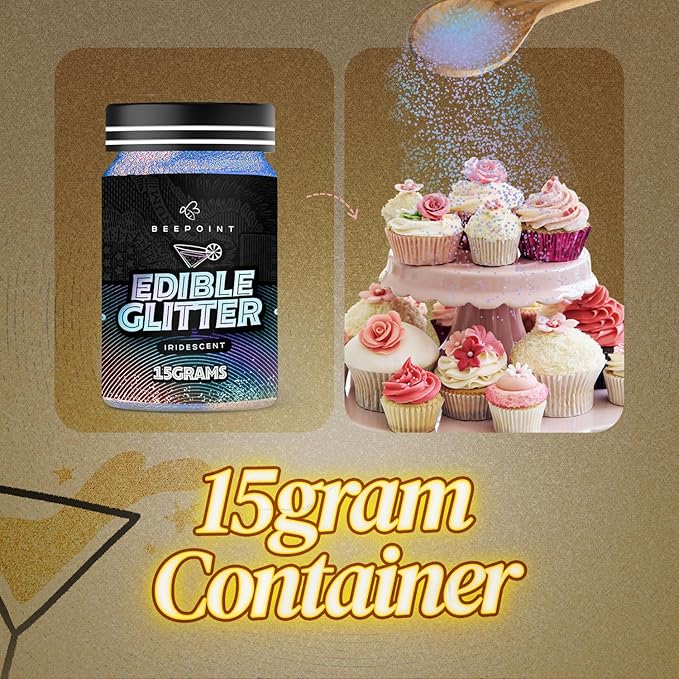 BeePoint Iridescent Edible Glitter for Drinks 15g - Food Grade, Vibrant Color Shimmer Powdered Dust