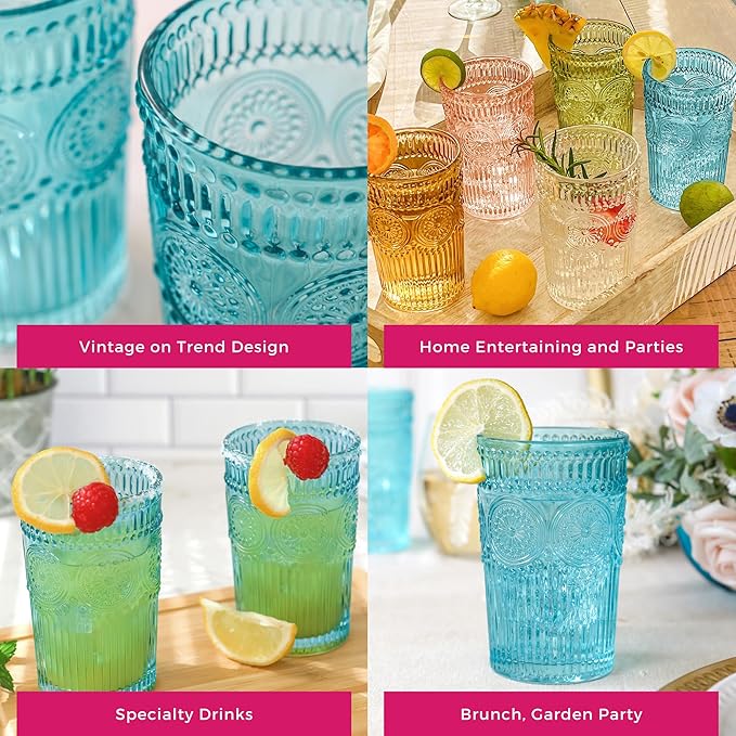 Kate Aspen Vintage Textured Aqua Blue Striped Drinking Glasses, Set of 6 (13oz)