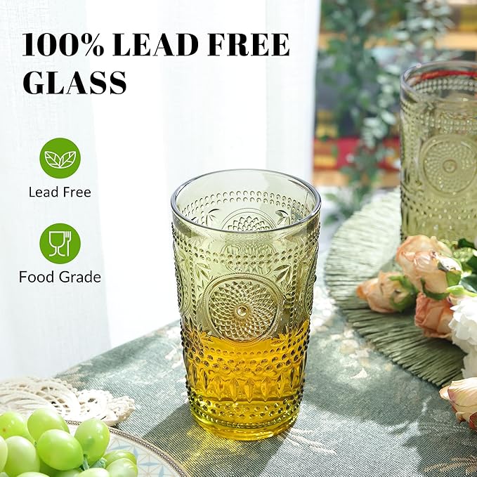 Joeyan Green Vintage Drinking Glasses,Embossed Boho Sunflower Highball Water Glass Tumbler,14 oz