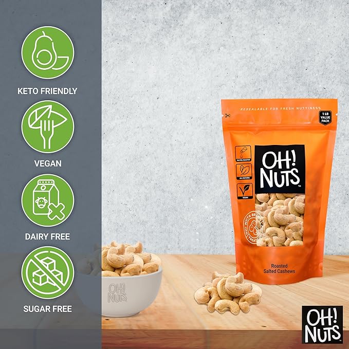 Oh! Nuts Cashews Roasted Salted - 1 lb - Oven Dry Roasted Cashews - Packed in New York Zip-Seal Bag