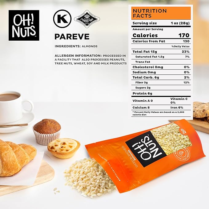 Oh! Nuts Almonds Diced Blanched - Raw - 100% Natural - 2 lb - High-Protein Diced Almonds - Packed