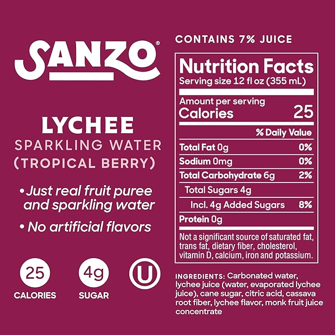 Sanzo Flavored Sparkling Water - Tropical Berry Seltzer (Lychee) - Low Calorie Low Sugar Soda