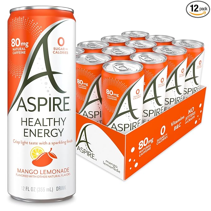 ASPIRE® Mango Lemonade, Healthy Energy Drink 80mg Natural Caffeine, Zero Sugar No Carbs Keto