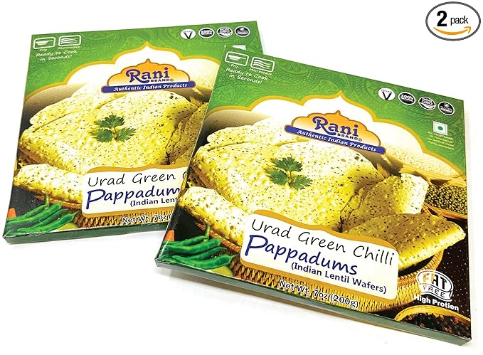 Rani Pappadums (Indian Lentil Wafer Snack) Green Chilli Papad 7oz (200g) Approximately 15pc, 7