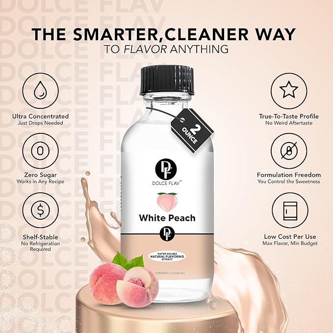 Dolce Flav Natural White Peach Extract 2 oz ??Kosher, Sugar-Free, Concentrated Sweet White Peach