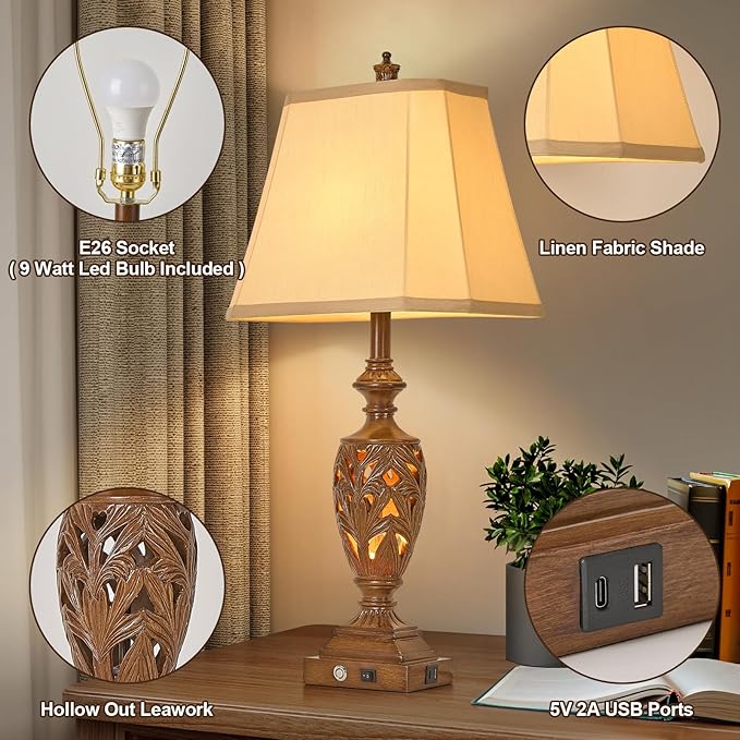 29.5"H Touch Control Traditional Table Lamp with Dual USB Ports, Set of 2, 3-Way Dimmable Hollow