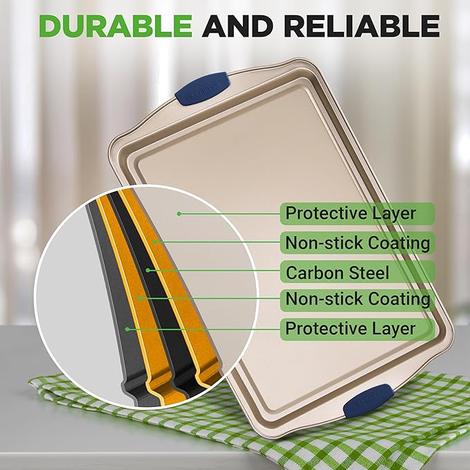 NutriChef 3-Piece Nonstick Bakeware Set - Premium Carbon Steel Oven Baking Trays w/Blue Silicone