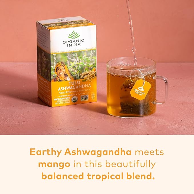 ORGANIC INDIA Calming Tulsi Ashwagandha Herbal Tea - Holy Basil Tea with Ashwagandha Root, Supports