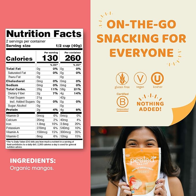 Peeled Snacks Organic Dried Fruit ??Healthy, Vegan Snacks for On-the-Go Lunch and More Mango 2.8 Oz