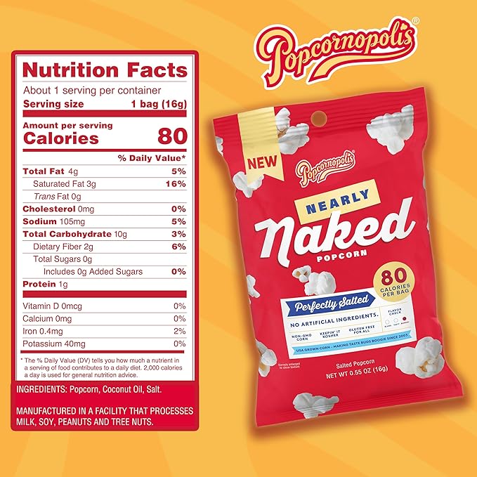 Popcornopolis Perfectly Salted Nearly Naked 24 ct, 0.55 oz Case, Salt Flavored Better-For-You
