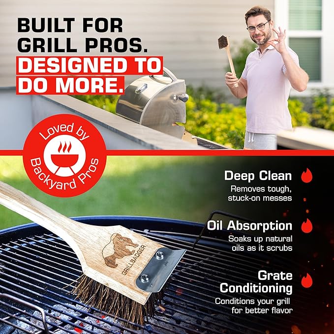 Natural Grill Brush Non Metal Bristles - Durable Non Metal Grill Brush Outdoor Grills Wooden Handle