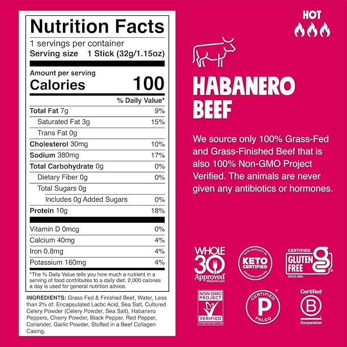 Chomps Grass-Fed and Finished Spicy Habanero Beef Jerky Snack Sticks 10-Pack - Keto, Paleo