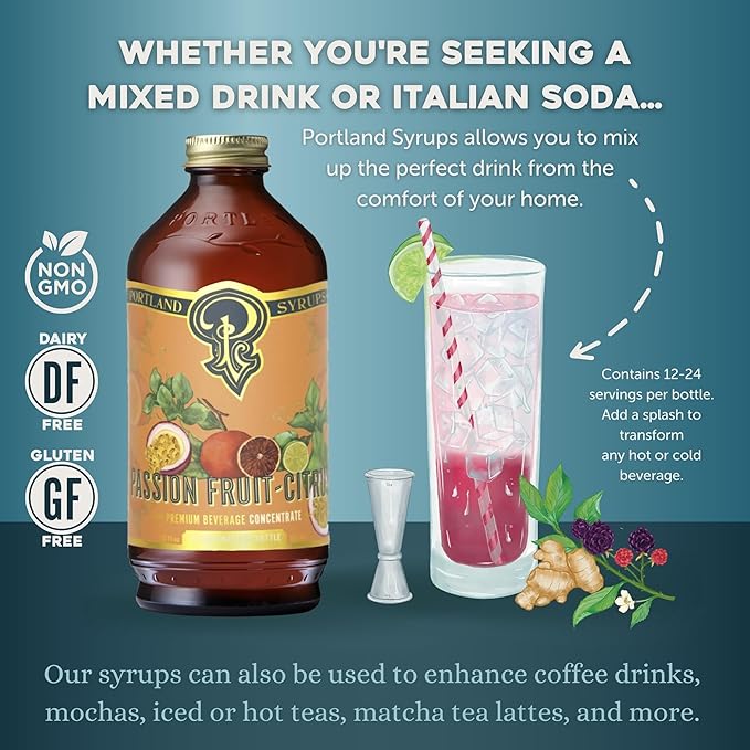 Portland Syrups Passion Fruit Citrus Syrup - Craft Tropical Sensations for Cocktails, Mocktails