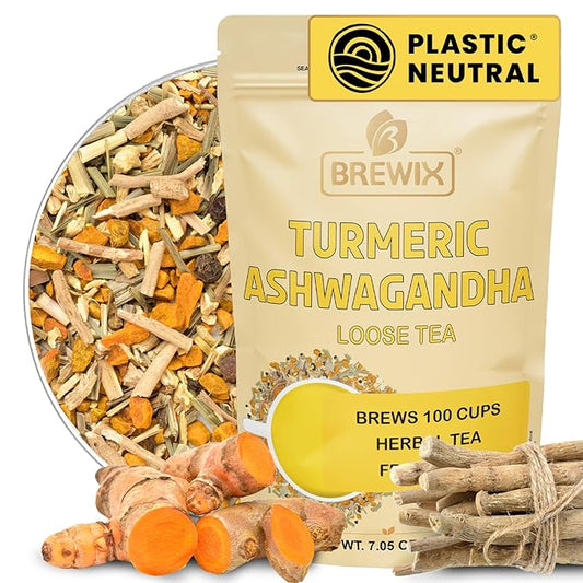 BREWIX, Turmeric Ashwagandha Herbal Tea Loose Leaf (100+ Cups, 7.05oz/200g) Real Ingredients From