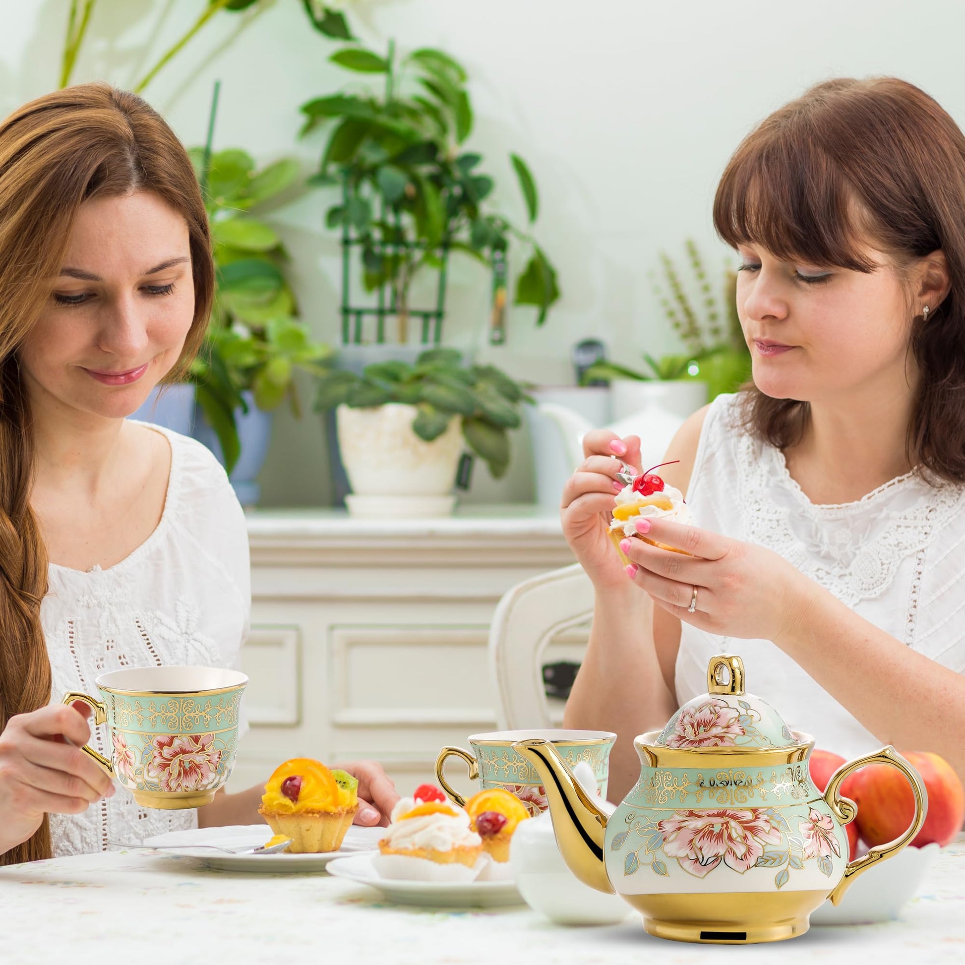 20 Pieces Porcelain Tea Set With Metal Holder, European Ceramic tea set for adults,Flower Tea