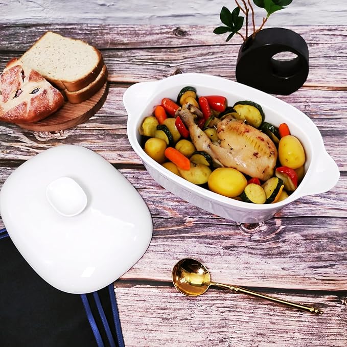 Casserole Dish with Lids, 2 Quart French White Ceramic Tureens, 12.8" x 7.9" Baking Dish, Serving