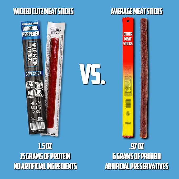 Wicked Cutz Original Peppered Beef Sticks, 15g Protein Per Beef Stick, Tender & Juicy Extra Large