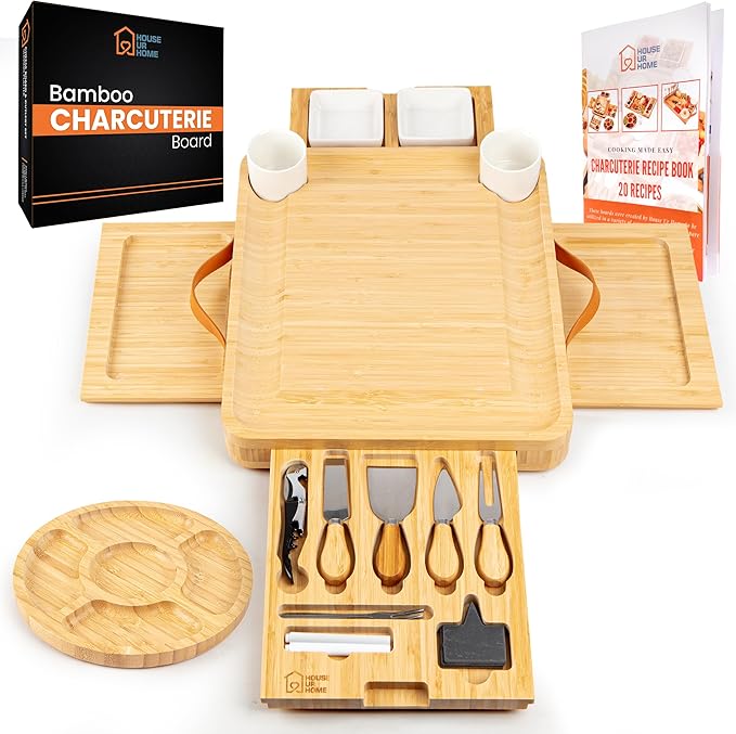 Large Bamboo Charcuterie Boards Gift Set with 4 Hidden Drawers, Cheese Knives, Ceramic Bowls &