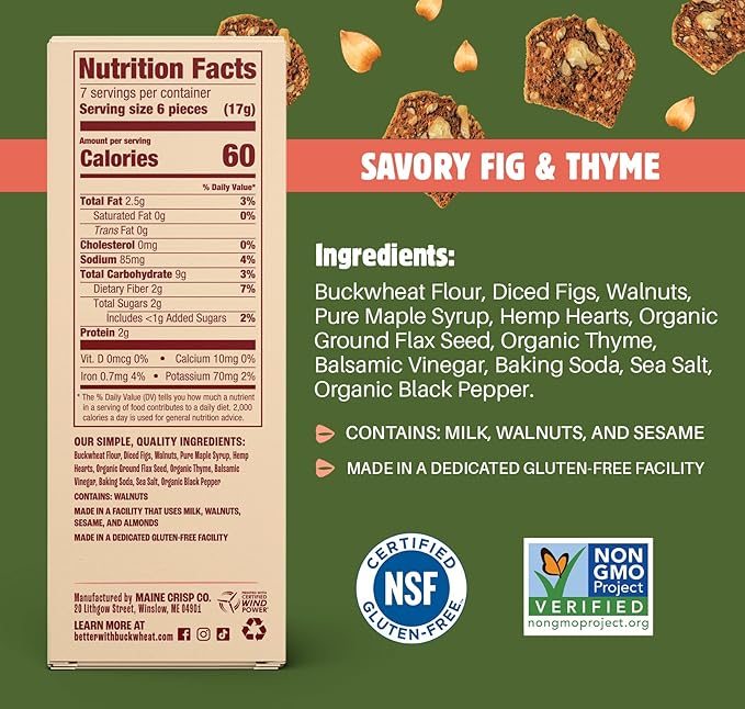 Maine Crisp Savory Fig & Thyme Crisps, 4 Pack, Vegan Gluten Free Crackers - Snack Crackers, Grain