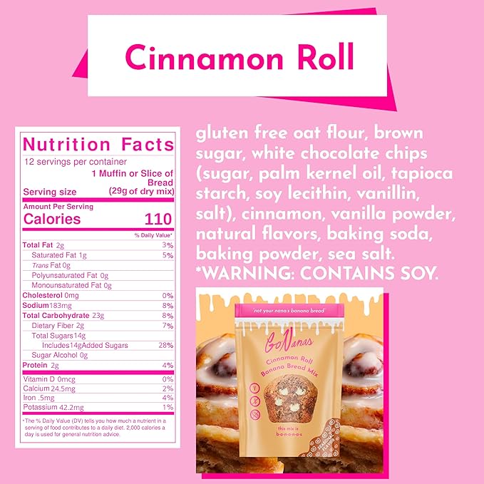 GoNanas Cinnamon Roll Banana Bread Mix, Vegan, Gluten Free Healthy Snacks. Oat Flour Bread or