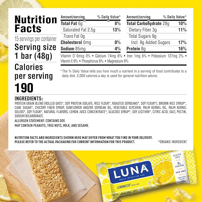 LUNA Bar - LemonZest Flavor - Gluten Free Snack Bars - Non-GMO - Protein Bars - Made with Organic