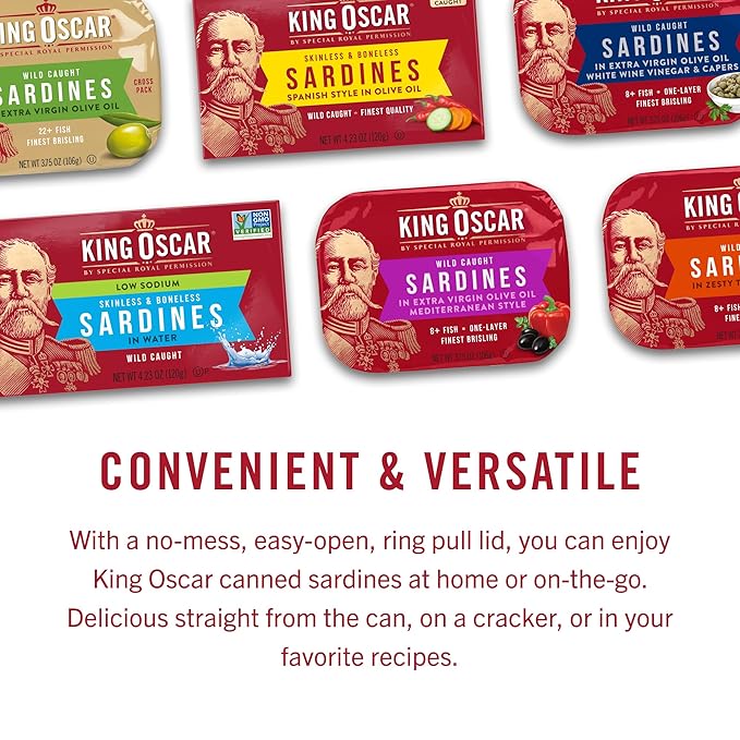 King Oscar Premium Sardines in Extra Virgin Olive Oil with Lemon, 3.75-Ounce Cans (Pack of 12)